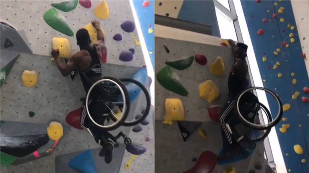Watch as a wheelchair athlete Woody Belford easily scale a climbing wall